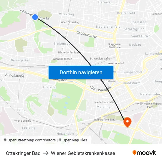 Ottakringer Bad to Wiener Gebietskrankenkasse map