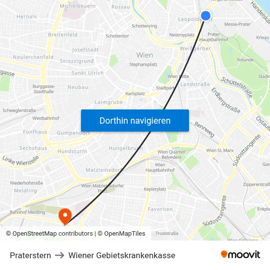 Praterstern to Wiener Gebietskrankenkasse map