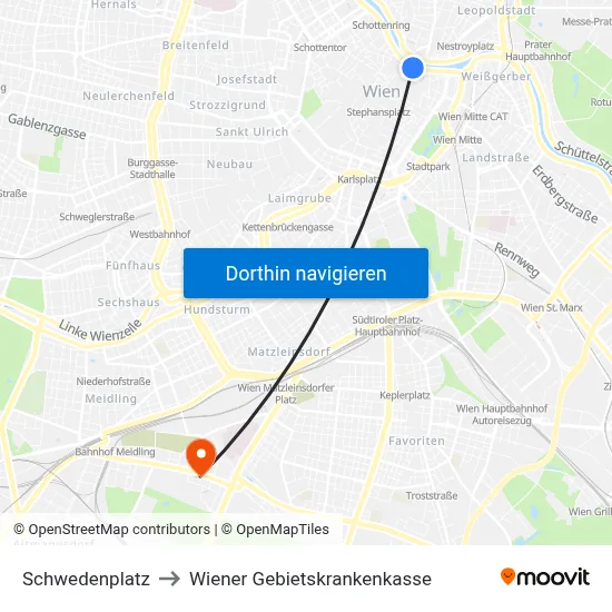 Schwedenplatz to Wiener Gebietskrankenkasse map