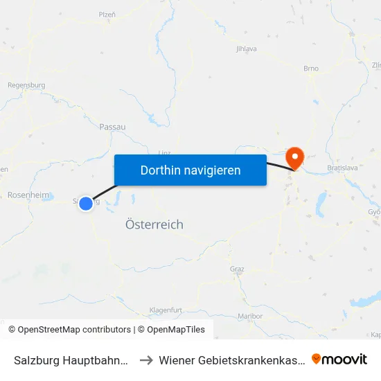 Salzburg Hauptbahnhof to Wiener Gebietskrankenkasse map