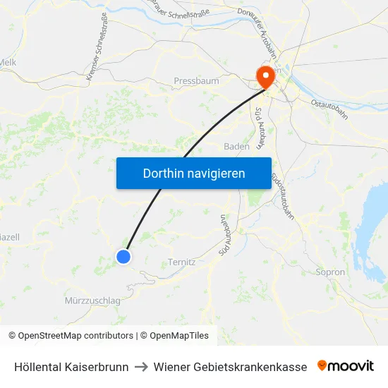Höllental Kaiserbrunn to Wiener Gebietskrankenkasse map
