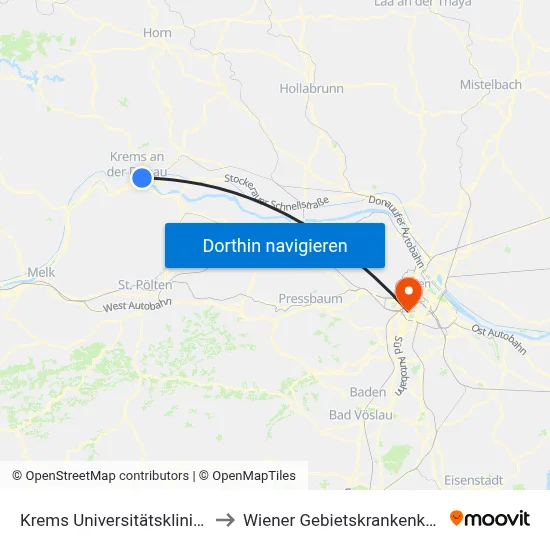 Krems Universitätsklinikum to Wiener Gebietskrankenkasse map