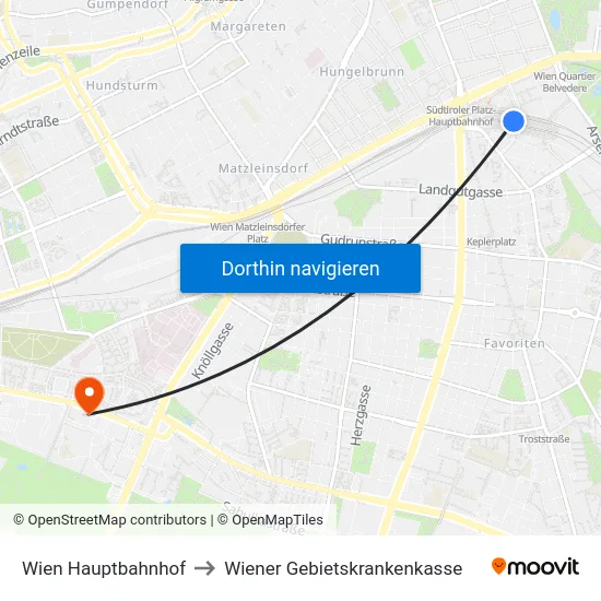 Wien Hauptbahnhof to Wiener Gebietskrankenkasse map