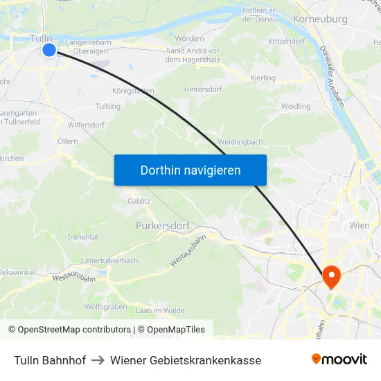 Tulln Bahnhof to Wiener Gebietskrankenkasse map
