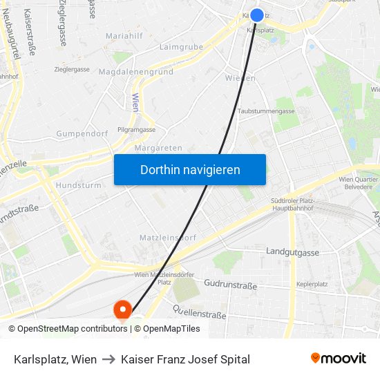 Karlsplatz, Wien to Kaiser Franz Josef Spital map