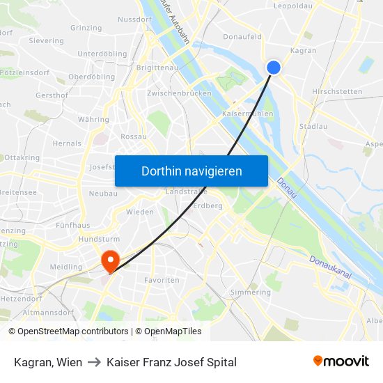 Kagran, Wien to Kaiser Franz Josef Spital map