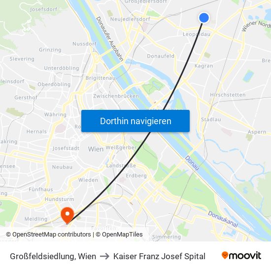 Großfeldsiedlung, Wien to Kaiser Franz Josef Spital map