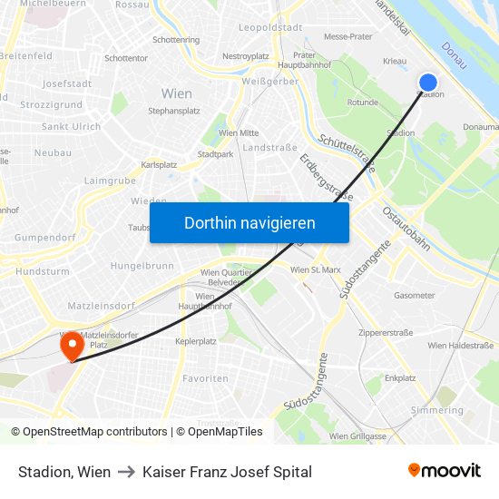 Stadion, Wien to Kaiser Franz Josef Spital map