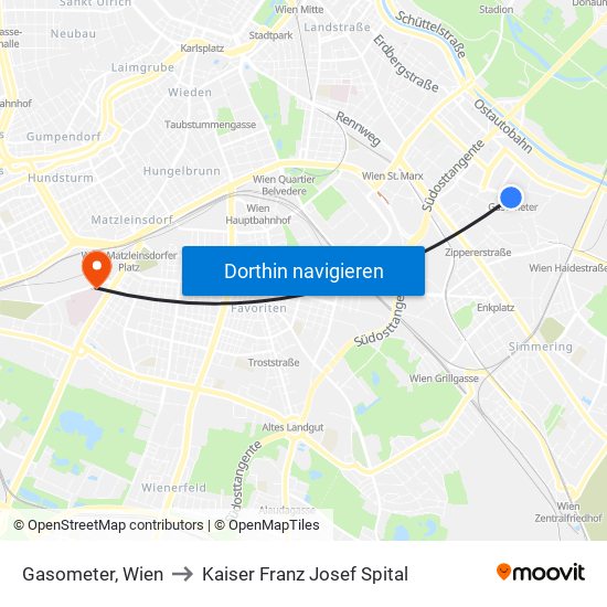 Gasometer, Wien to Kaiser Franz Josef Spital map