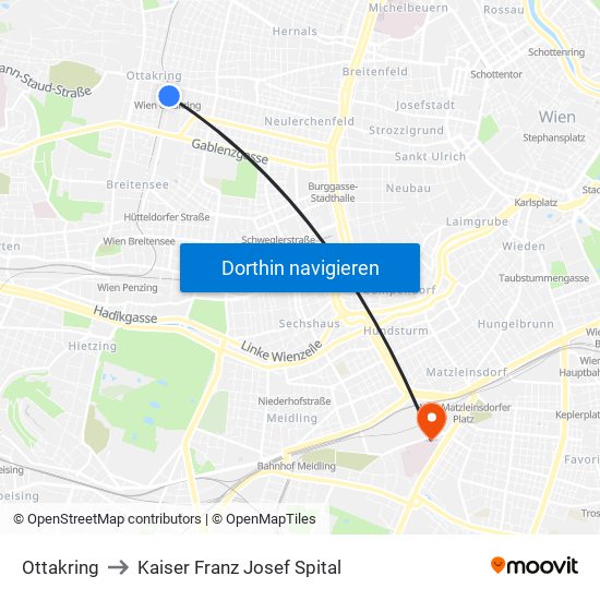 Ottakring to Kaiser Franz Josef Spital map