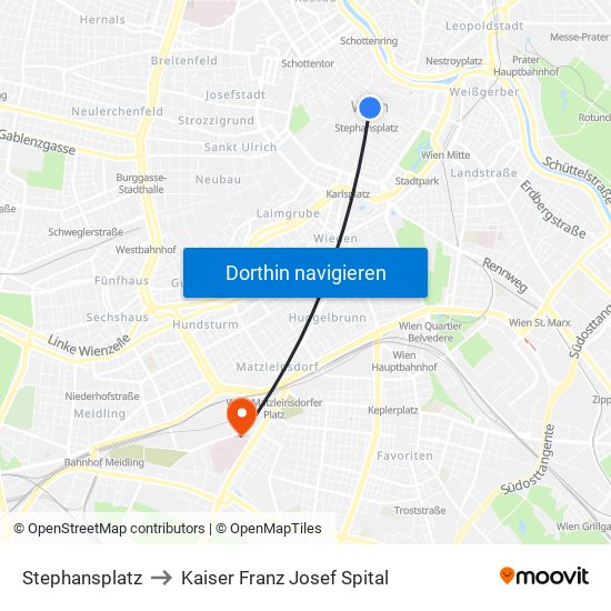 Stephansplatz to Kaiser Franz Josef Spital map