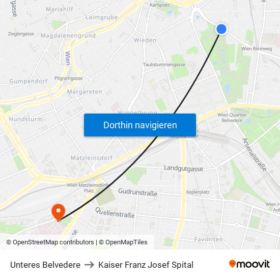 Unteres Belvedere to Kaiser Franz Josef Spital map