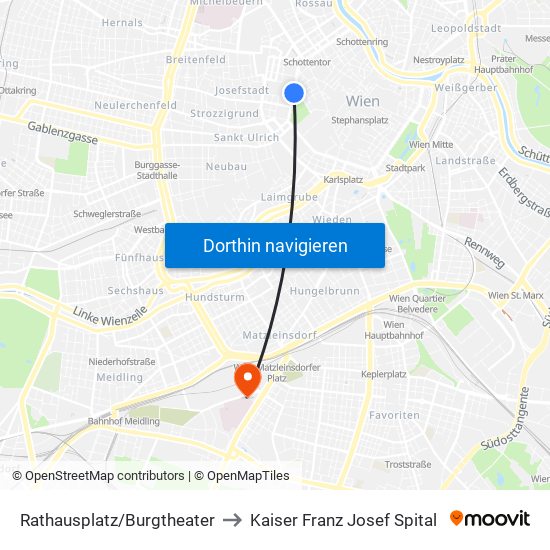 Rathausplatz/Burgtheater to Kaiser Franz Josef Spital map