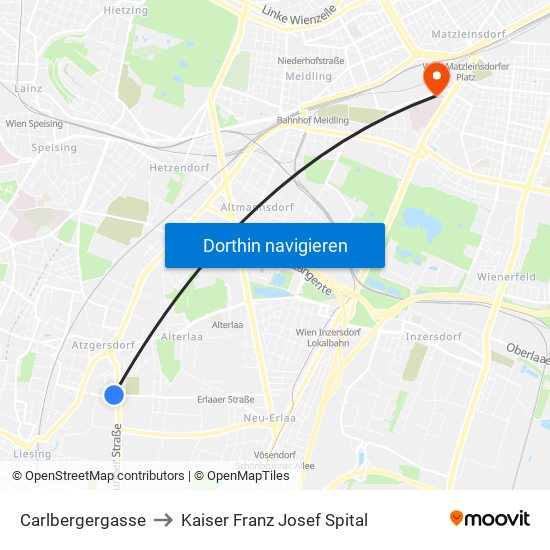 Carlbergergasse to Kaiser Franz Josef Spital map