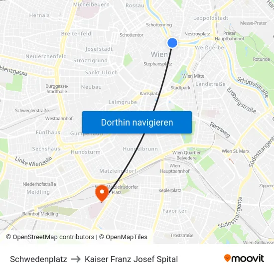 Schwedenplatz to Kaiser Franz Josef Spital map