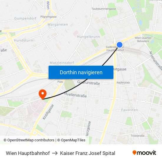 Wien Hauptbahnhof to Kaiser Franz Josef Spital map