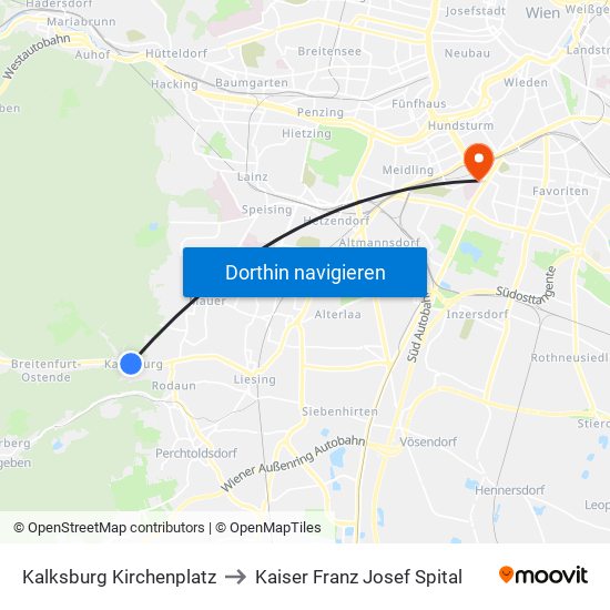 Kalksburg Kirchenplatz to Kaiser Franz Josef Spital map