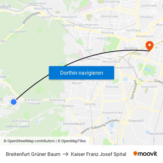 Breitenfurt Grüner Baum to Kaiser Franz Josef Spital map