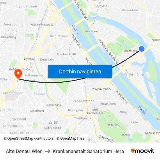 Alte Donau, Wien to Krankenanstalt Sanatorium Hera map