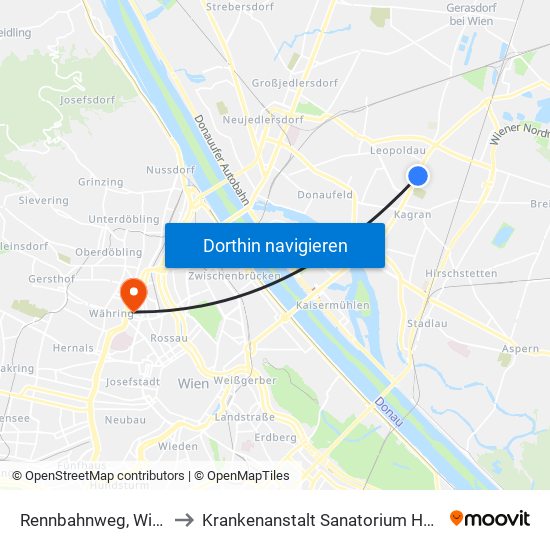 Rennbahnweg, Wien to Krankenanstalt Sanatorium Hera map