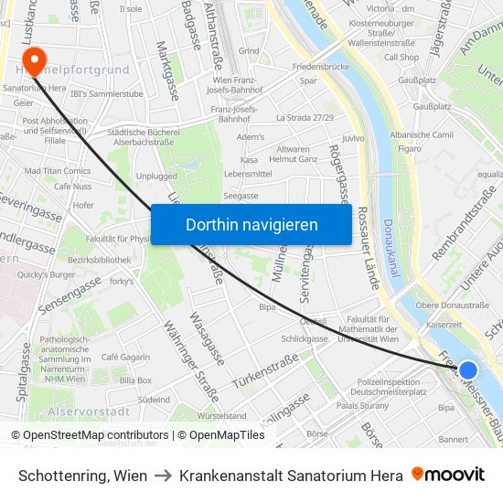 Schottenring, Wien to Krankenanstalt Sanatorium Hera map