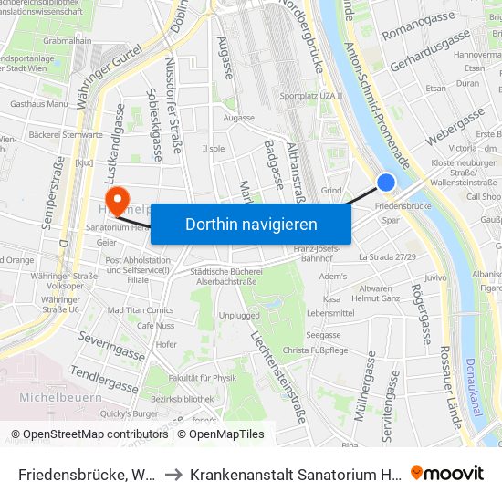 Friedensbrücke, Wien to Krankenanstalt Sanatorium Hera map