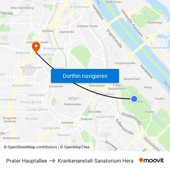 Prater Hauptallee to Krankenanstalt Sanatorium Hera map