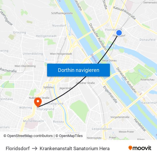 Floridsdorf to Krankenanstalt Sanatorium Hera map