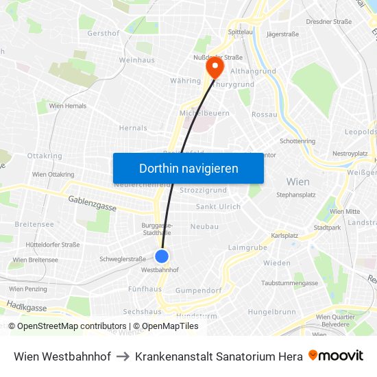 Wien Westbahnhof to Krankenanstalt Sanatorium Hera map