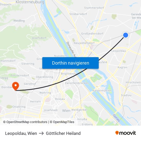 Leopoldau, Wien to Göttlicher Heiland map