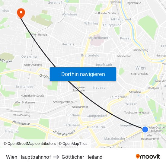 Wien Hauptbahnhof to Göttlicher Heiland map