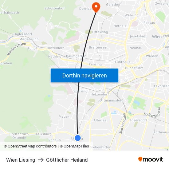 Wien Liesing to Göttlicher Heiland map