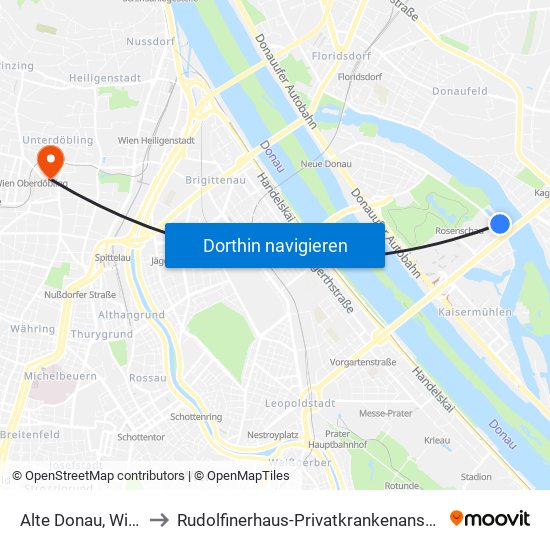 Alte Donau, Wien to Rudolfinerhaus-Privatkrankenanstalt map