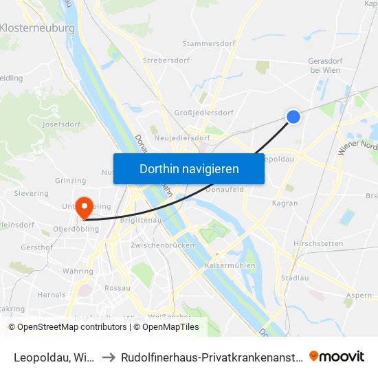 Leopoldau, Wien to Rudolfinerhaus-Privatkrankenanstalt map