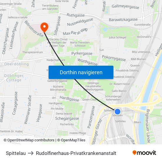 Spittelau to Rudolfinerhaus-Privatkrankenanstalt map