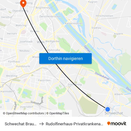 Schwechat Brauerei to Rudolfinerhaus-Privatkrankenanstalt map