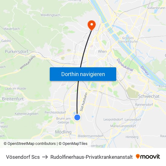 Vösendorf Scs to Rudolfinerhaus-Privatkrankenanstalt map