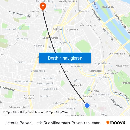 Unteres Belvedere to Rudolfinerhaus-Privatkrankenanstalt map