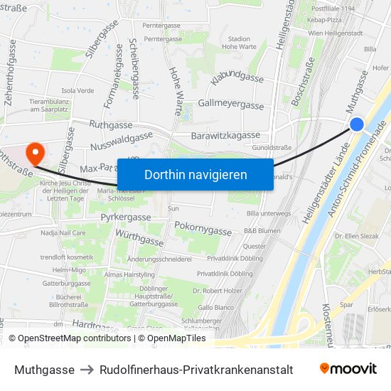 Muthgasse to Rudolfinerhaus-Privatkrankenanstalt map