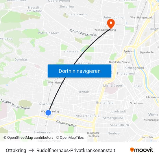 Ottakring to Rudolfinerhaus-Privatkrankenanstalt map