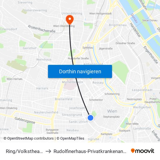 Ring/Volkstheater to Rudolfinerhaus-Privatkrankenanstalt map