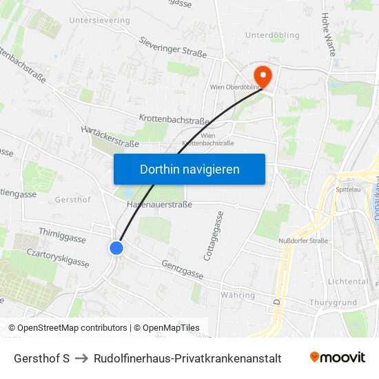 Gersthof S to Rudolfinerhaus-Privatkrankenanstalt map