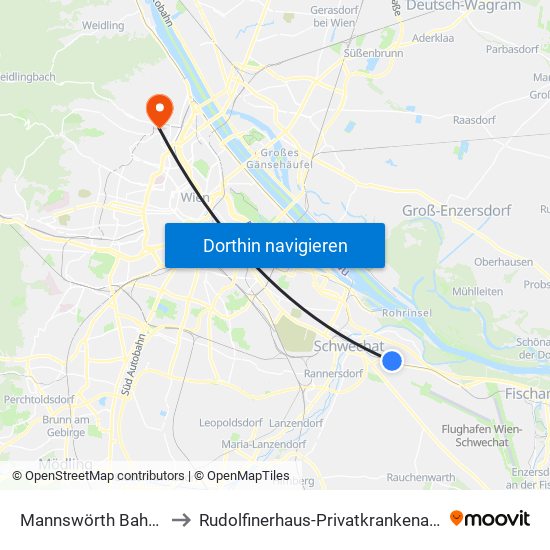 Mannswörth Bahnhof to Rudolfinerhaus-Privatkrankenanstalt map