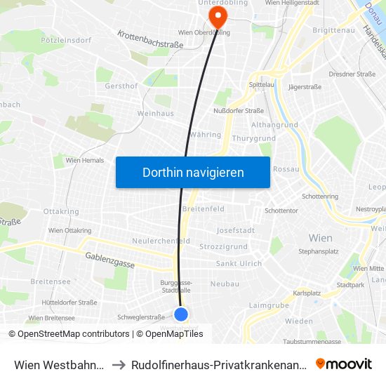 Wien Westbahnhof to Rudolfinerhaus-Privatkrankenanstalt map