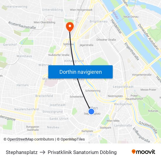 Stephansplatz to Privatklinik Sanatorium Döbling map