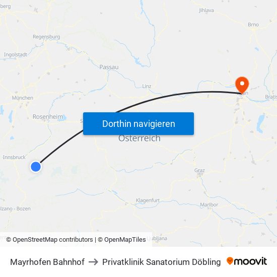 Mayrhofen Bahnhof to Privatklinik Sanatorium Döbling map