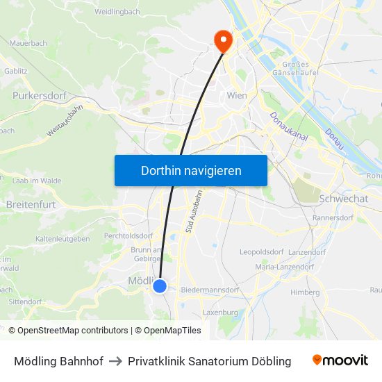 Mödling Bahnhof to Privatklinik Sanatorium Döbling map