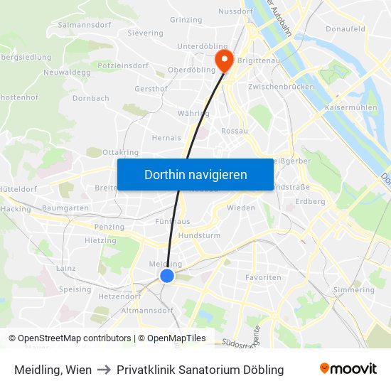 Meidling, Wien to Privatklinik Sanatorium Döbling map