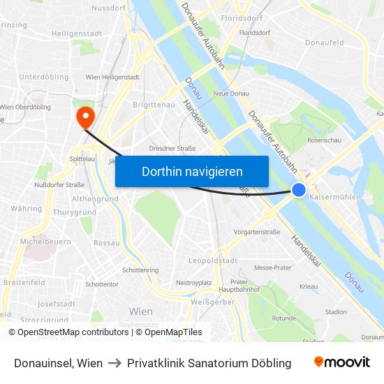 Donauinsel, Wien to Privatklinik Sanatorium Döbling map