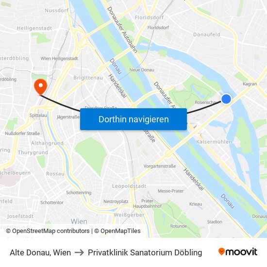Alte Donau, Wien to Privatklinik Sanatorium Döbling map
